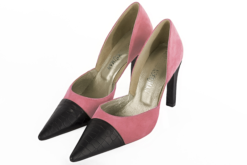 Satin black and carnation pink women's open arch dress pumps. Pointed toe. Very high slim heel. Front view - Florence KOOIJMAN